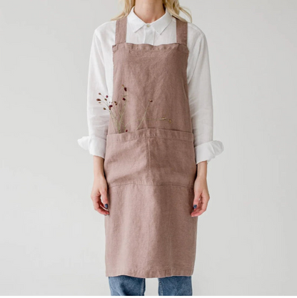 Tablier croisé en lin brodé Rose cendré - Atelier deux points