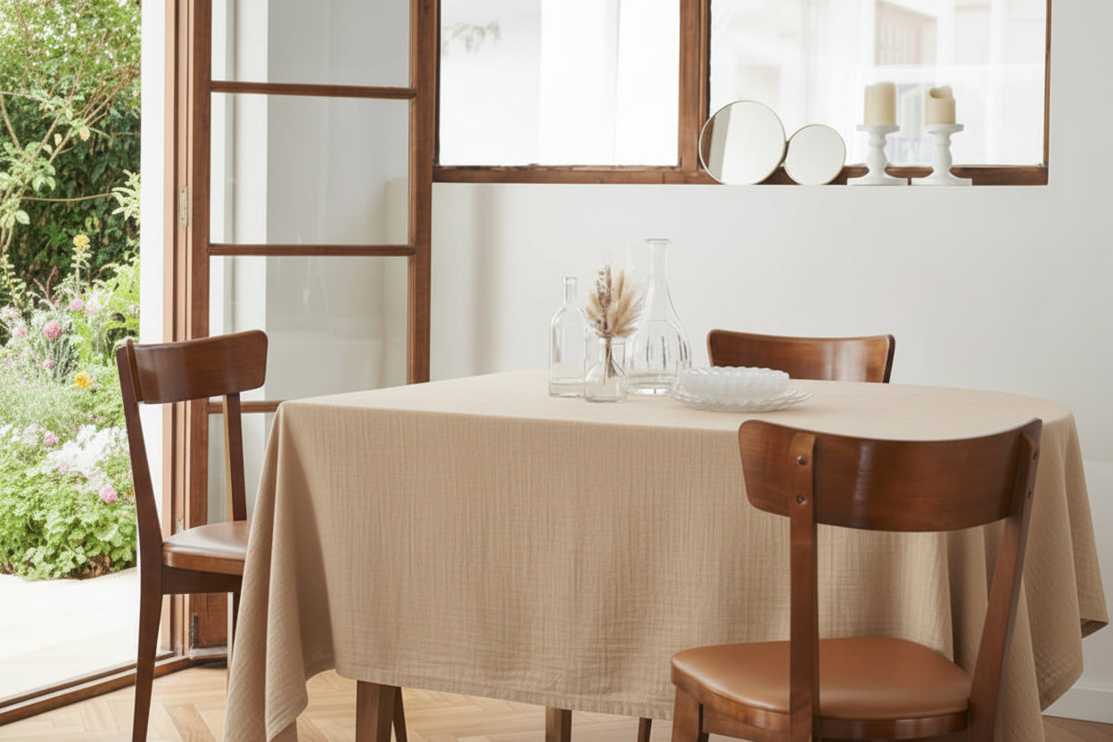 Nappe double gaze de coton unie brodée pampa - Atelier deux points