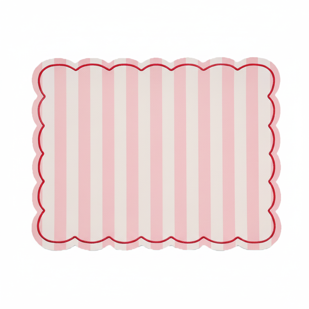 Set de table en PVC brodé rose et rouge rayé - Atelier deux points