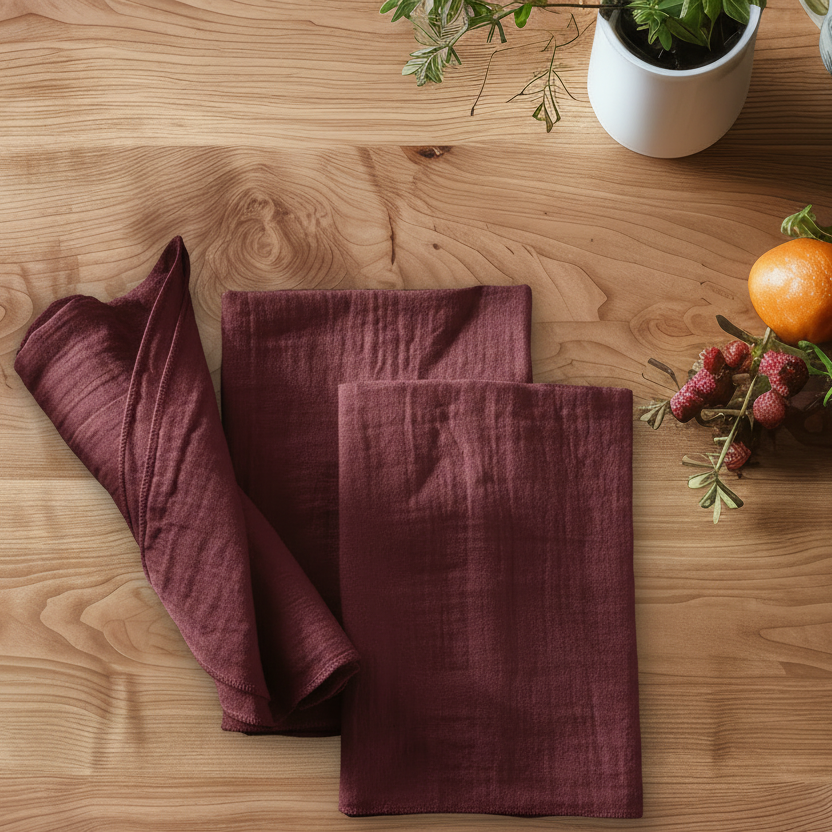 Serviette double gaze de coton unie brodée Lie de vin - Atelier deux points