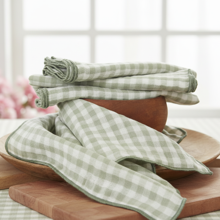 Serviette double gaze de coton vichy brodée Eucalyptus - Atelier deux points
