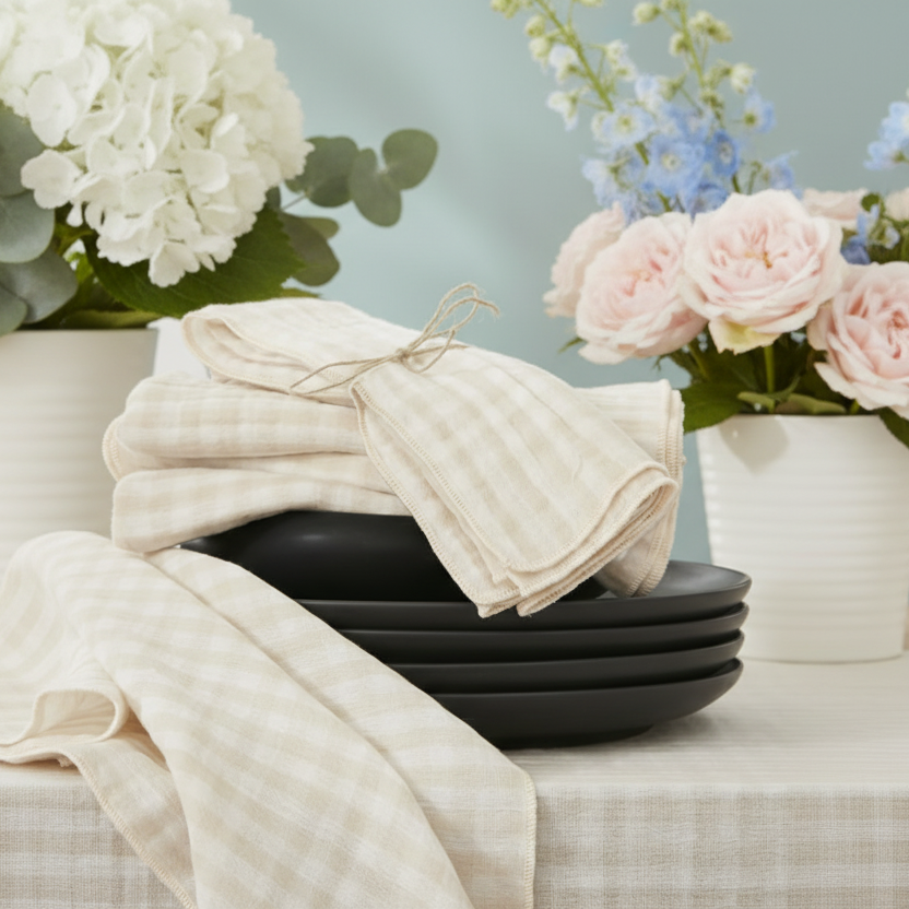 Serviette double gaze de coton vichy brodée pampa - Atelier deux points