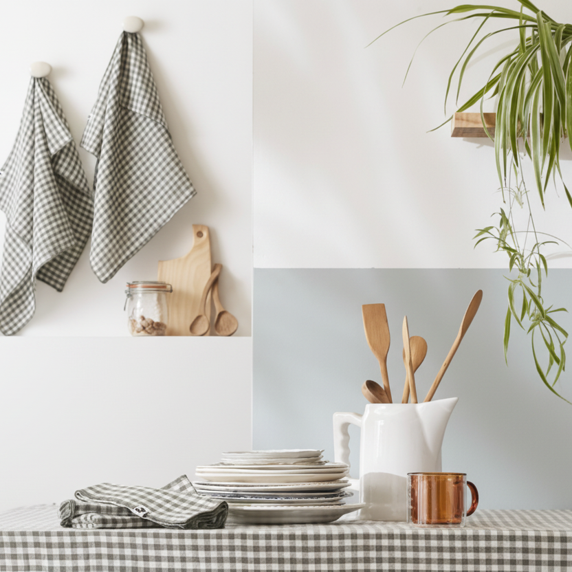 Serviette double gaze de coton vichy brodée romarin - Atelier deux points