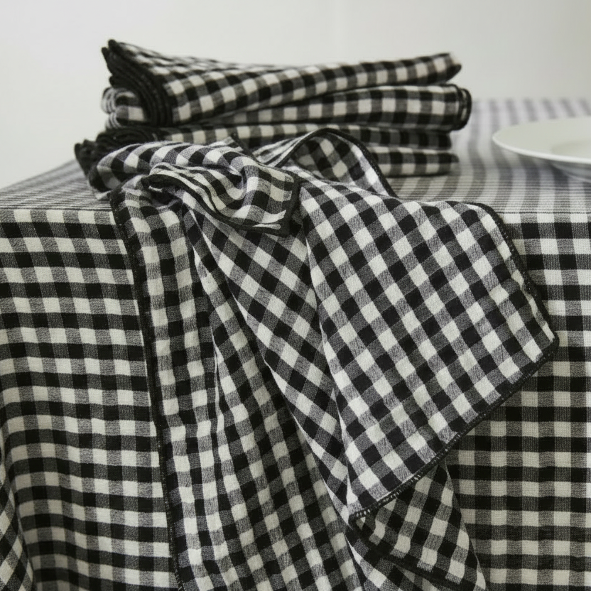 Serviette double gaze de coton vichy brodée truffe - Atelier deux points