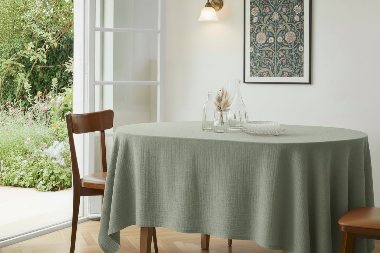 Nappe double gaze de coton unie brodée Eucalyptus - Atelier deux points