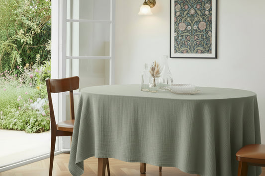 Nappe double gaze de coton unie brodée Eucalyptus - Atelier deux points