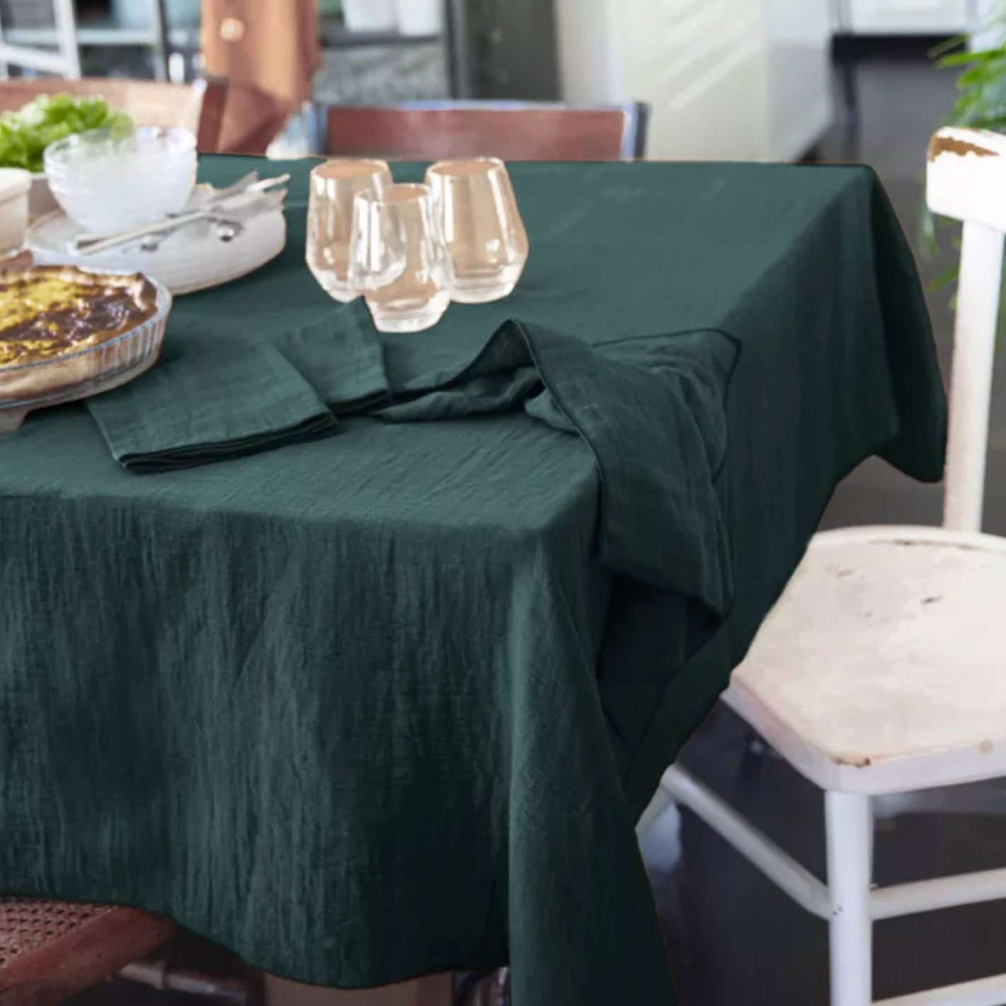 Nappe double gaze de coton unie brodée Vert sapin - Atelier deux points